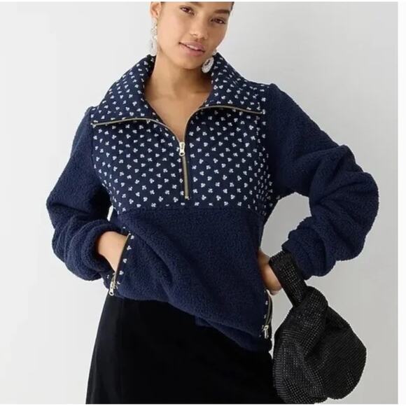 J. Crew Jackets & Blazers - J.Crew Quilted Sherpa Fleece Zip Pullover XXS Floral Navy Blue BM370 J.Crew